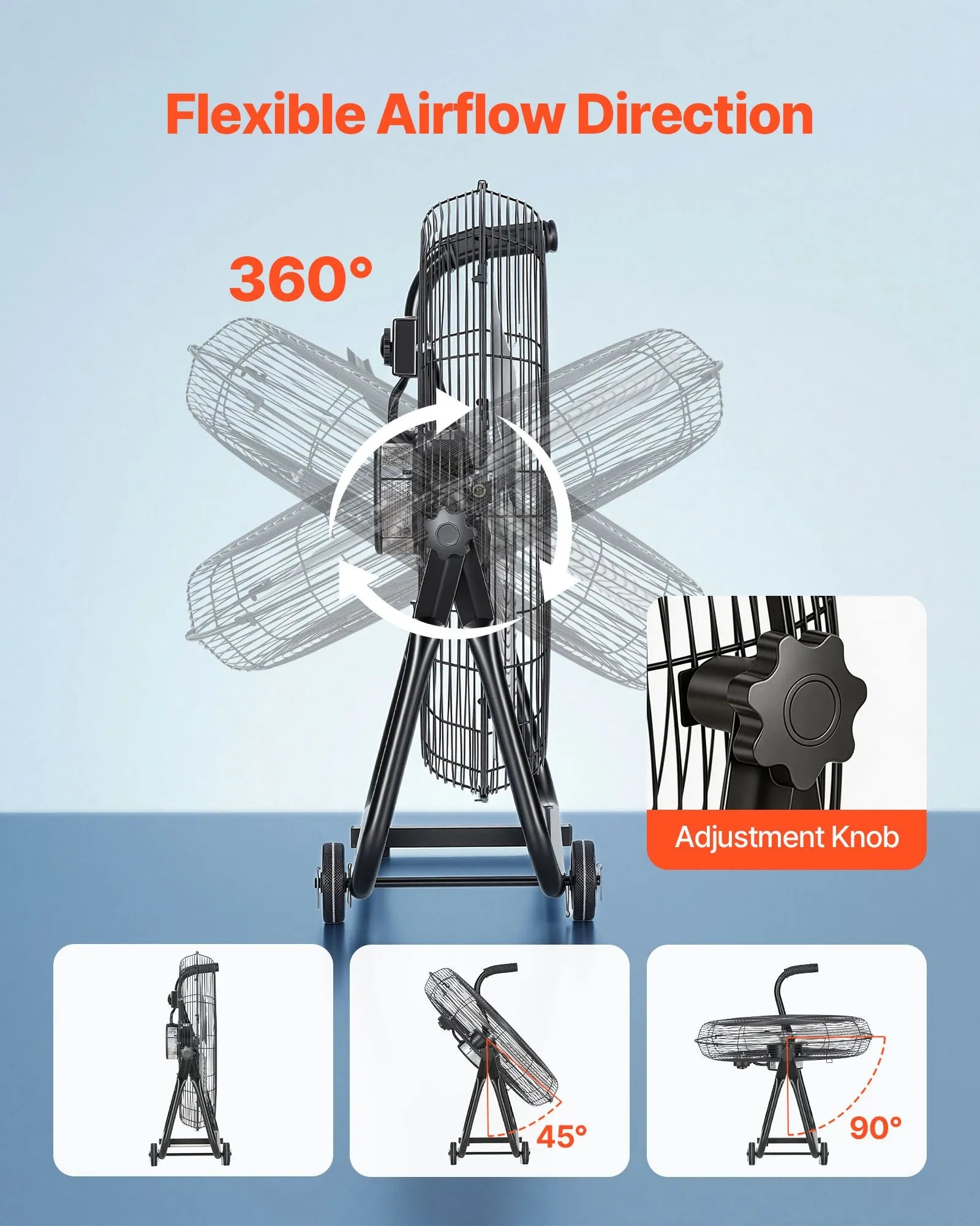 VEVOR industriālais grīdas ventilators 61 cm, 7500 CFM augstas veiktspējas gaisa plūsma, alumīnija lāpstiņas, 3 ātrumi, 360° regulējams slīpums, piemērots darbnīcām, noliktavām, garāžām un komerctelpām, melns