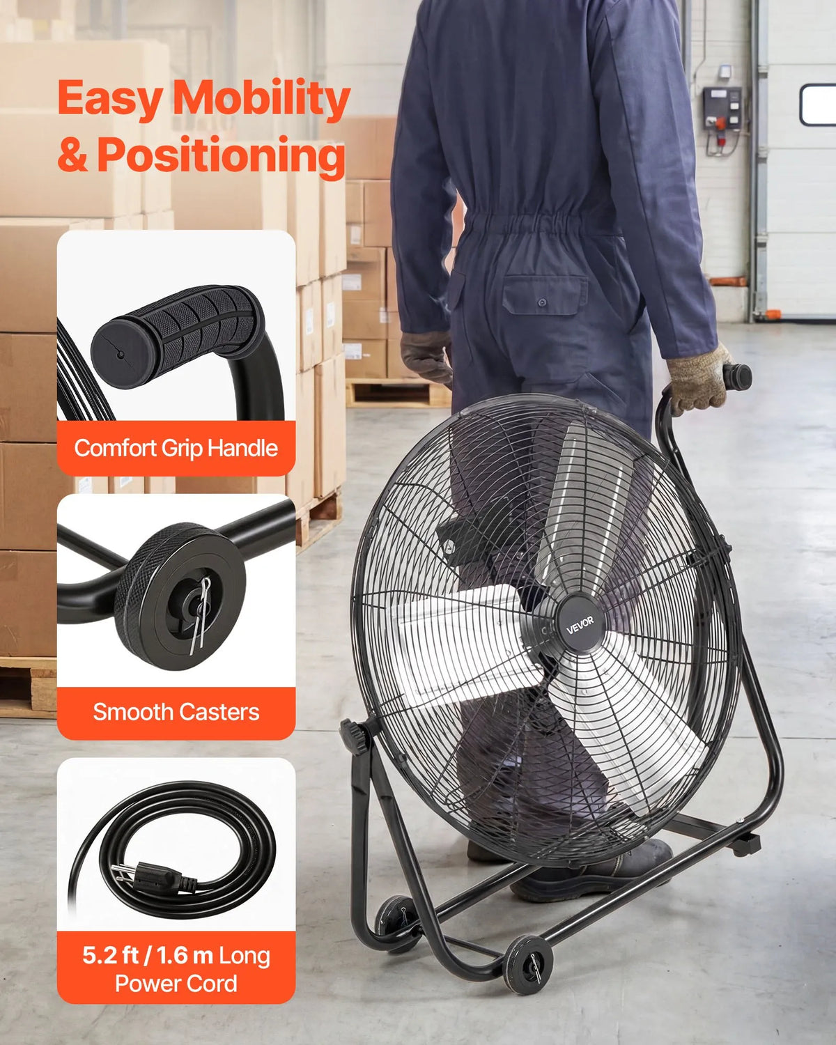 VEVOR industriālais grīdas ventilators 61 cm, 7500 CFM augstas veiktspējas gaisa plūsma, alumīnija lāpstiņas, 3 ātrumi, 360° regulējams slīpums, piemērots darbnīcām, noliktavām, garāžām un komerctelpām, melns