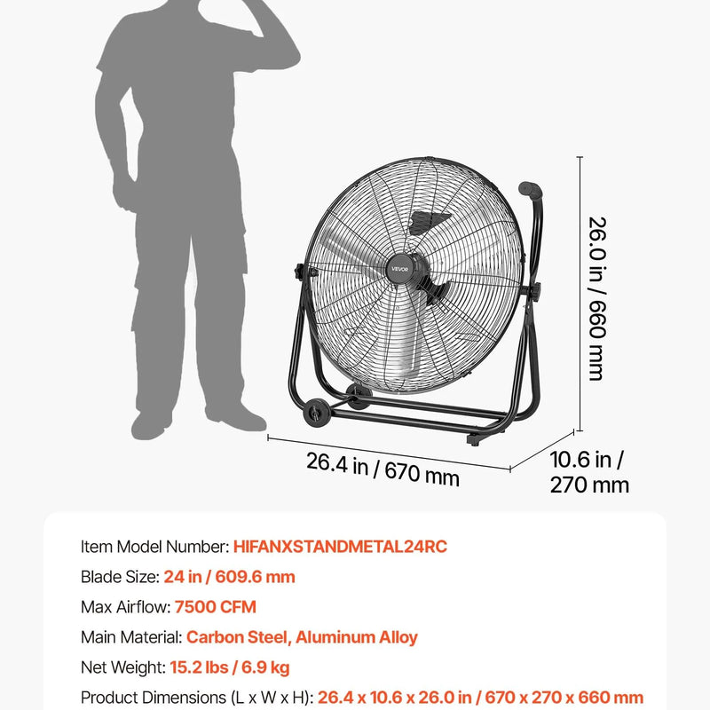 VEVOR industriālais grīdas ventilators 61 cm, 7500 CFM augstas veiktspējas gaisa plūsma, alumīnija lāpstiņas, 3 ātrumi, 360° regulējams slīpums, piemērots darbnīcām, noliktavām, garāžām un komerctelpām, melns