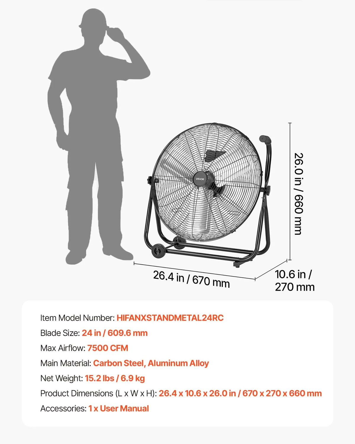 VEVOR industriālais grīdas ventilators 61 cm, 7500 CFM augstas veiktspējas gaisa plūsma, alumīnija lāpstiņas, 3 ātrumi, 360° regulējams slīpums, piemērots darbnīcām, noliktavām, garāžām un komerctelpām, melns