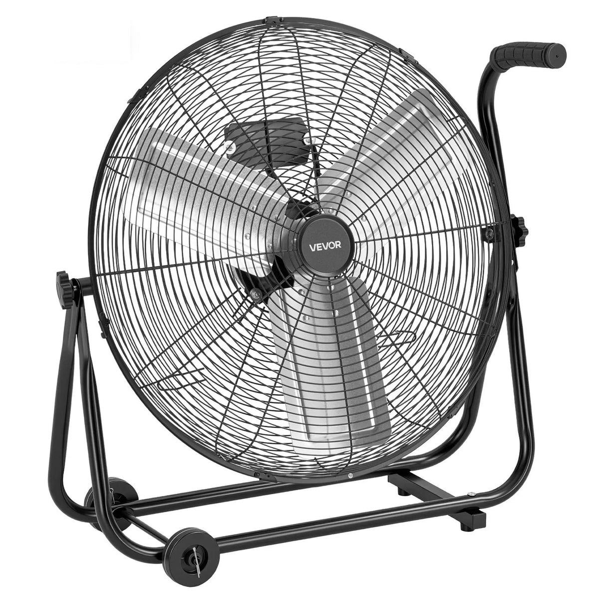 VEVOR industriālais grīdas ventilators 61 cm, 7500 CFM augstas veiktspējas gaisa plūsma, alumīnija lāpstiņas, 3 ātrumi, 360° regulējams slīpums, piemērots darbnīcām, noliktavām, garāžām un komerctelpām, melns