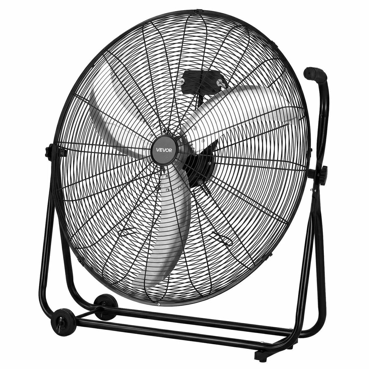 VEVOR industriālais grīdas ventilators, 762mm, 20388m³/h, 3 ātrumi, jaudīgas alumīnija lāpstiņas, 360° regulējams slīpuma leņķis, komerctelpām, garāžām, noliktavām, pagrabiem un darbnīcām, melns