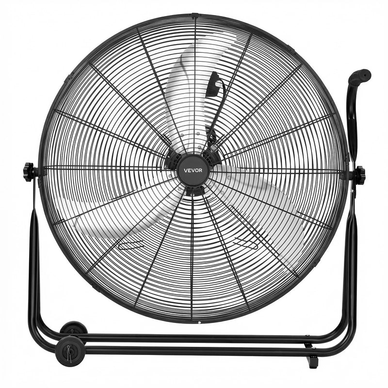 VEVOR industriālais grīdas ventilators, 762mm, 20388m³/h, 3 ātrumi, jaudīgas alumīnija lāpstiņas, 360° regulējams slīpuma leņķis, komerctelpām, garāžām, noliktavām, pagrabiem un darbnīcām, melns