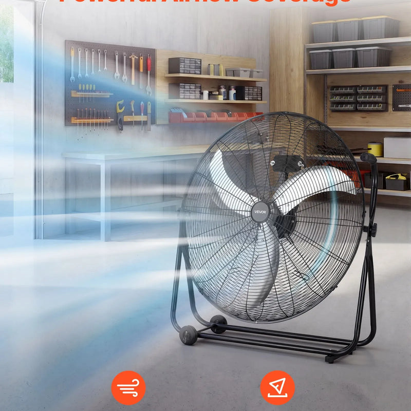 VEVOR industriālais grīdas ventilators, 762mm, 20388m³/h, 3 ātrumi, jaudīgas alumīnija lāpstiņas, 360° regulējams slīpuma leņķis, komerctelpām, garāžām, noliktavām, pagrabiem un darbnīcām, melns