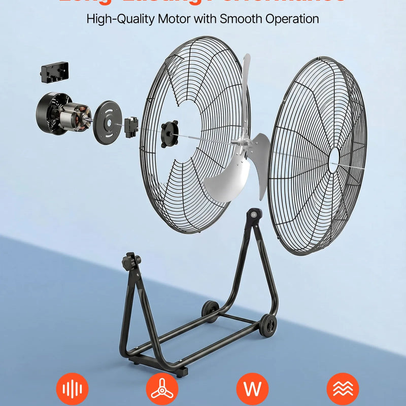 VEVOR industriālais grīdas ventilators, 762mm, 20388m³/h, 3 ātrumi, jaudīgas alumīnija lāpstiņas, 360° regulējams slīpuma leņķis, komerctelpām, garāžām, noliktavām, pagrabiem un darbnīcām, melns