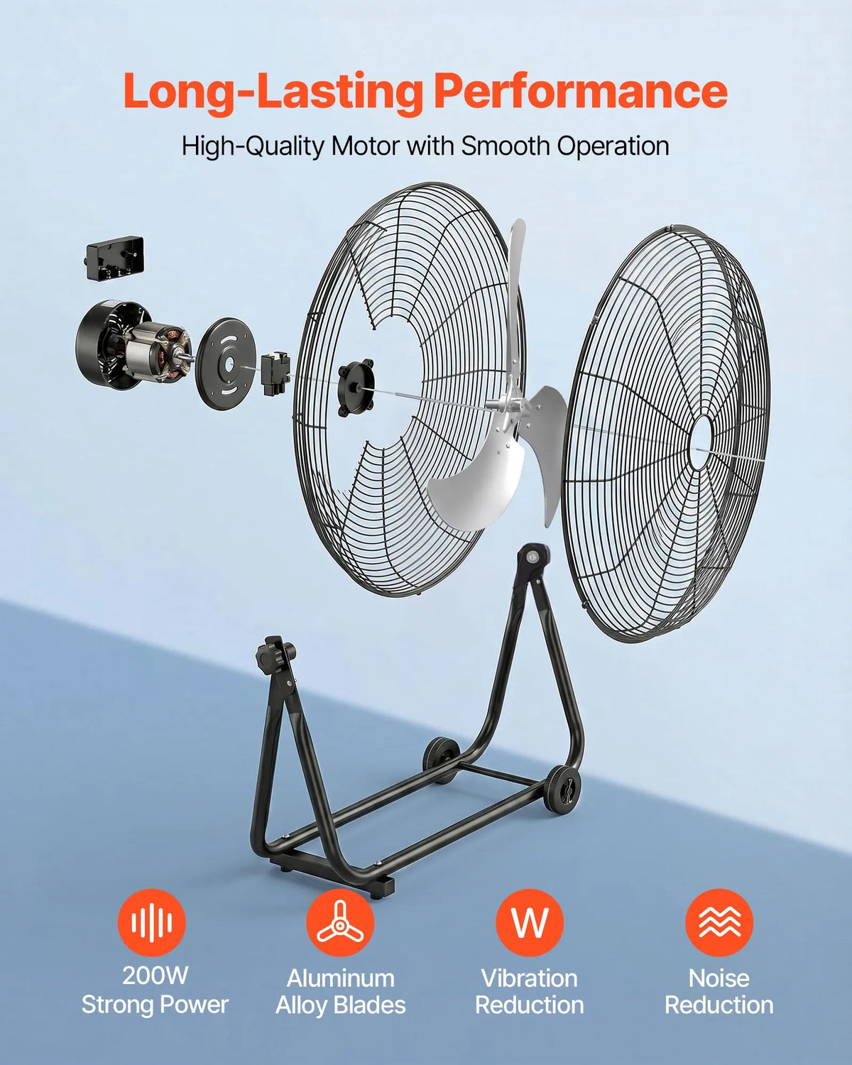 VEVOR industriālais grīdas ventilators, 762mm, 20388m³/h, 3 ātrumi, jaudīgas alumīnija lāpstiņas, 360° regulējams slīpuma leņķis, komerctelpām, garāžām, noliktavām, pagrabiem un darbnīcām, melns