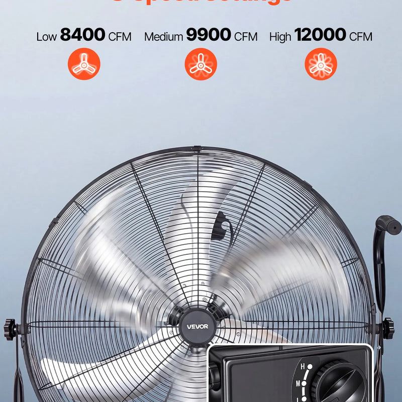 VEVOR industriālais grīdas ventilators, 762mm, 20388m³/h, 3 ātrumi, jaudīgas alumīnija lāpstiņas, 360° regulējams slīpuma leņķis, komerctelpām, garāžām, noliktavām, pagrabiem un darbnīcām, melns