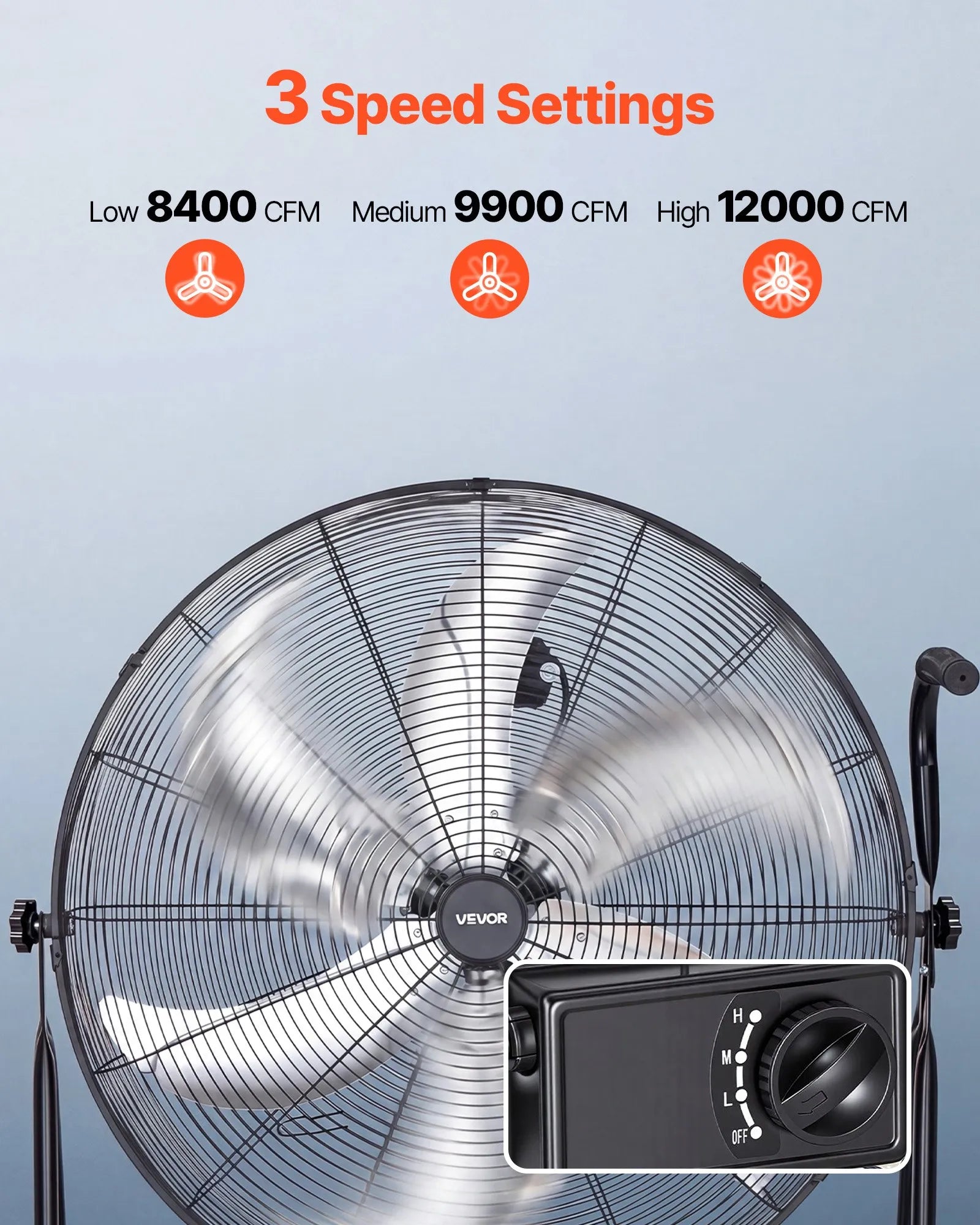 VEVOR industriālais grīdas ventilators, 762mm, 20388m³/h, 3 ātrumi, jaudīgas alumīnija lāpstiņas, 360° regulējams slīpuma leņķis, komerctelpām, garāžām, noliktavām, pagrabiem un darbnīcām, melns
