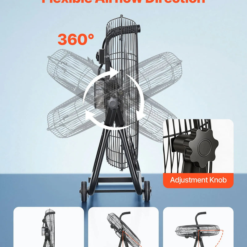 VEVOR industriālais grīdas ventilators, 762mm, 20388m³/h, 3 ātrumi, jaudīgas alumīnija lāpstiņas, 360° regulējams slīpuma leņķis, komerctelpām, garāžām, noliktavām, pagrabiem un darbnīcām, melns