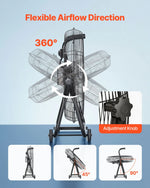 VEVOR industriālais grīdas ventilators, 762mm, 20388m³/h, 3 ātrumi, jaudīgas alumīnija lāpstiņas, 360° regulējams slīpuma leņķis, komerctelpām, garāžām, noliktavām, pagrabiem un darbnīcām, melns