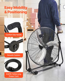 VEVOR industriālais grīdas ventilators, 762mm, 20388m³/h, 3 ātrumi, jaudīgas alumīnija lāpstiņas, 360° regulējams slīpuma leņķis, komerctelpām, garāžām, noliktavām, pagrabiem un darbnīcām, melns