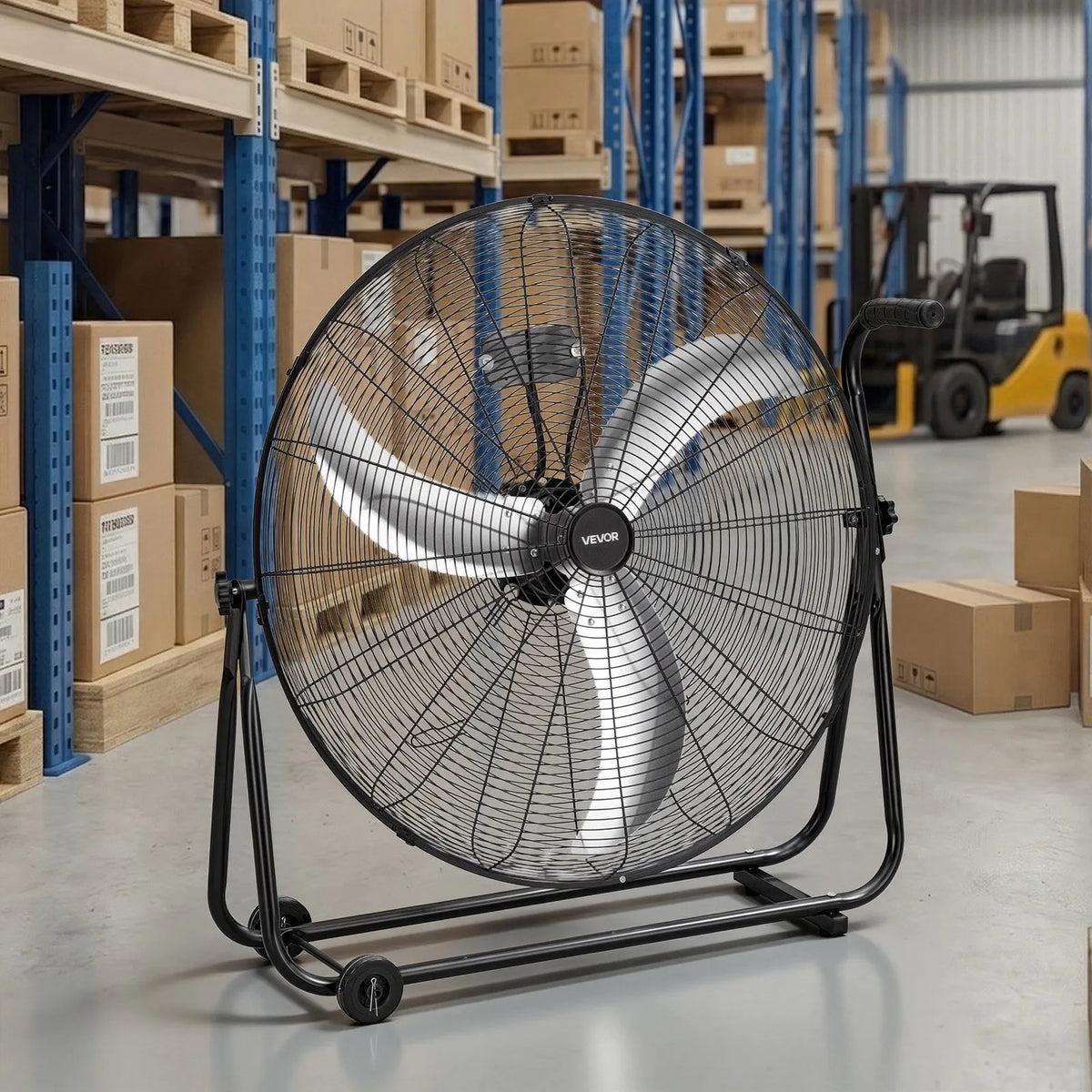 VEVOR industriālais grīdas ventilators, 762mm, 20388m³/h, 3 ātrumi, jaudīgas alumīnija lāpstiņas, 360° regulējams slīpuma leņķis, komerctelpām, garāžām, noliktavām, pagrabiem un darbnīcām, melns