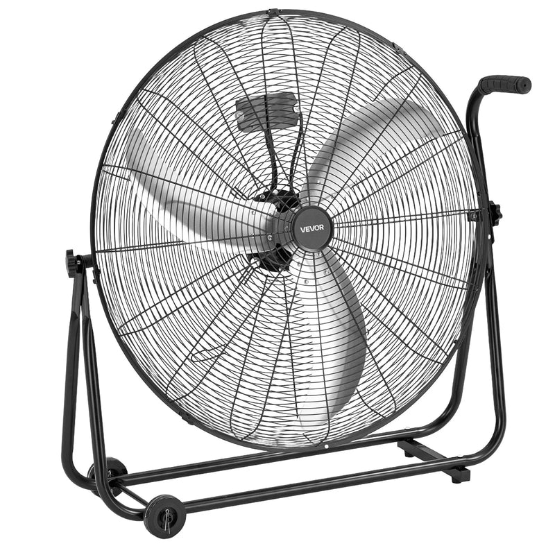VEVOR industriālais grīdas ventilators, 762mm, 20388m³/h, 3 ātrumi, jaudīgas alumīnija lāpstiņas, 360° regulējams slīpuma leņķis, komerctelpām, garāžām, noliktavām, pagrabiem un darbnīcām, melns