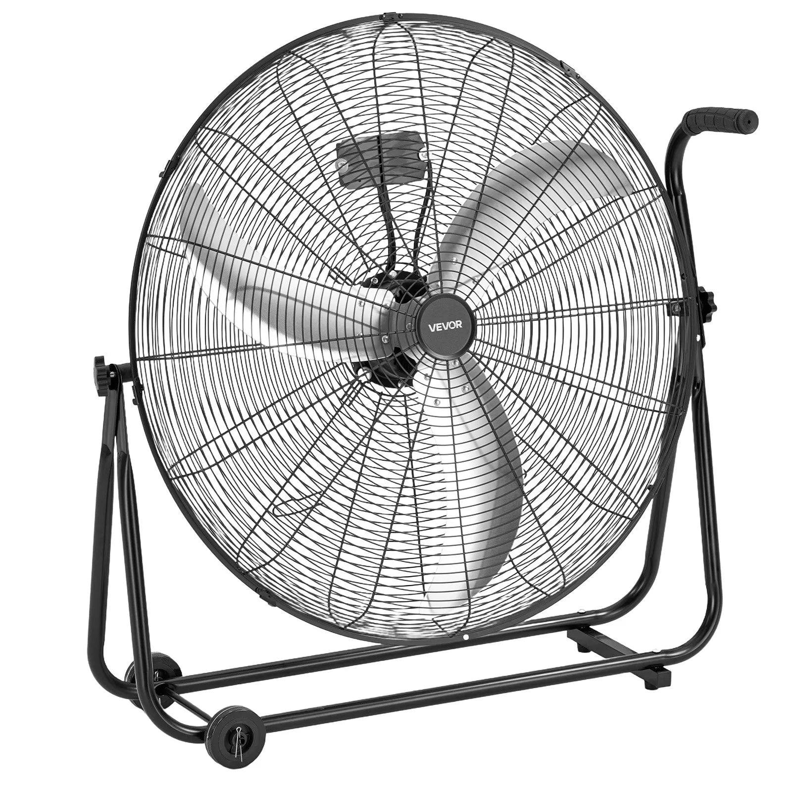 VEVOR industriālais grīdas ventilators, 762mm, 20388m³/h, 3 ātrumi, jaudīgas alumīnija lāpstiņas, 360° regulējams slīpuma leņķis, komerctelpām, garāžām, noliktavām, pagrabiem un darbnīcām, melns
