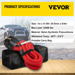 VEVOR kinētiskā vilkšanas siksna 25 mm x 9,6 m, 15 195 kg, ar cilpām un aizsargapvalkiem, sarkana