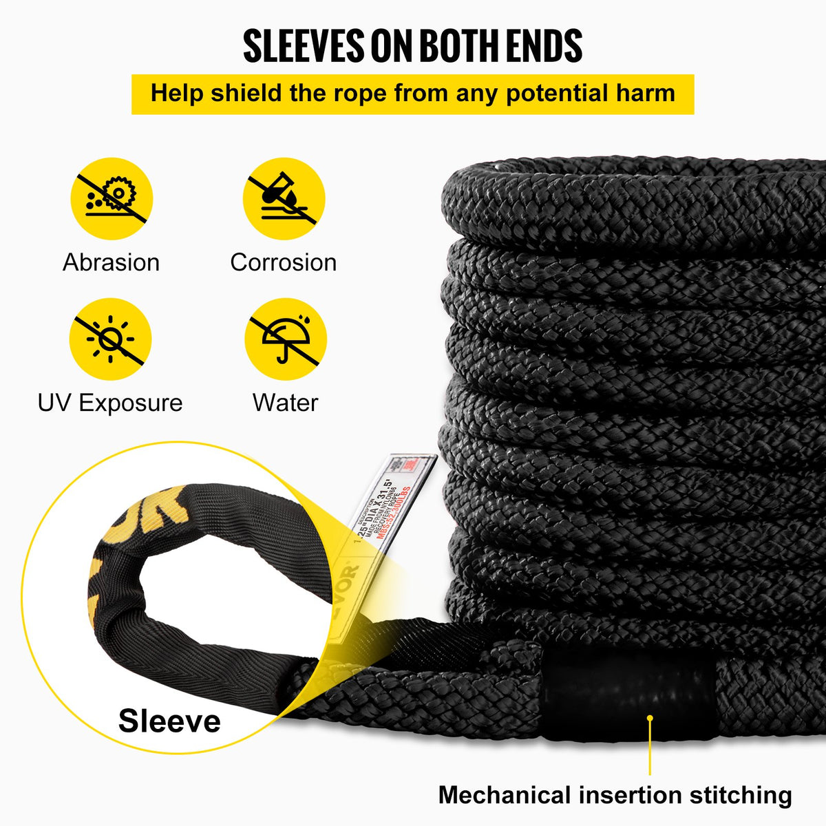 VEVOR 32 mm x 9,6 m kinētiskā vilkšanas troses virve, 23,7 t, dubultā pītais neilons, ar somu, melna