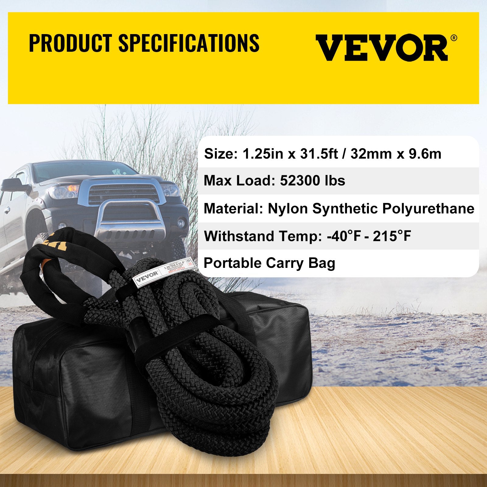VEVOR 32 mm x 9,6 m kinētiskā vilkšanas troses virve, 23,7 t, dubultā pītais neilons, ar somu, melna