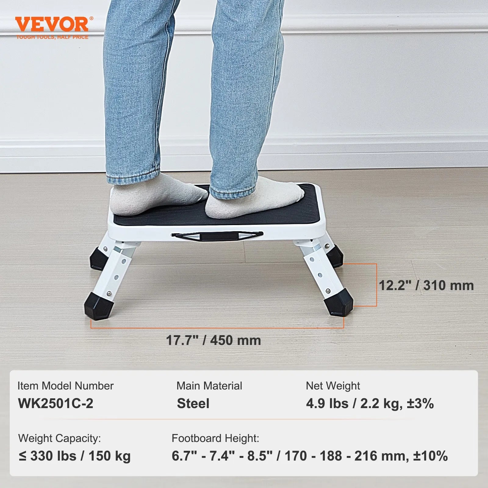 VEVOR Saliekams pakāpiens 1 pakāpiens līdz 150 kg, tērauda kāpslis ar 3 regulējamiem augstumiem, neslīdošs, pieaugušajiem, bērniem, birojam, vannasistabai un guļamistabai