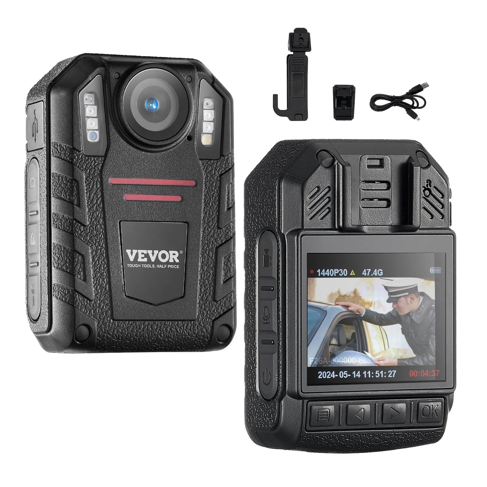 1440P HD policijas ķermeņa kamera, 64 GB, 5,1 cm LCD ekrāns, infrasarkanā nakts redzamība, ūdensizturīga, 2,85 Ah akumulators