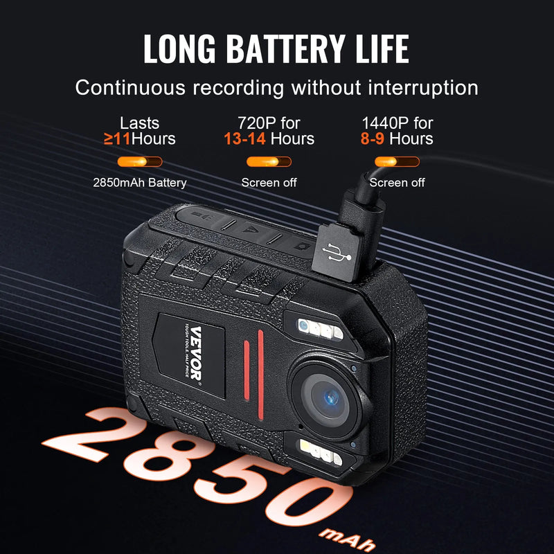 1440P HD policijas ķermeņa kamera, 64 GB, 5,1 cm LCD ekrāns, infrasarkanā nakts redzamība, ūdensizturīga, 2,85 Ah akumulators