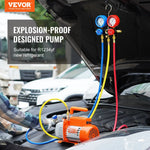 VEVOR AC vakuuma sūkņa un manometru komplekts, 99 l/min vienpakāpes rotācijas lāpstiņu HVAC vakuuma sūknis ar manometru kolektoru, trīs krāsu šļūtenēm un pārnēsāšanas somu, piemērots R134a un R1234yf sistēmām
