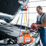 VEVOR AC vakuuma sūkņa un manometru komplekts, 99 l/min vienpakāpes rotācijas lāpstiņu HVAC vakuuma sūknis ar manometru kolektoru, trīs krāsu šļūtenēm un pārnēsāšanas somu, piemērots R134a un R1234yf sistēmām