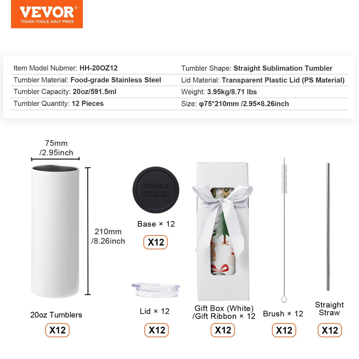 VEVOR 12 gab. Sublimācijas Krūžu Komplekts – 591 ml, Nerūsējošā Tērauda Dubultsienu Dizains