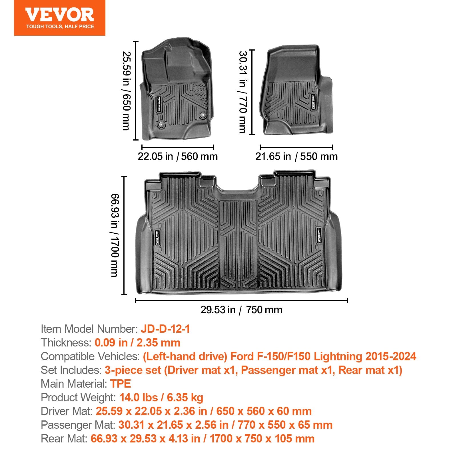 VEVOR automašīnas grīdas paklāji Ford F-150 / F-150 Lightning (2015–2024), 3 gab., TPE