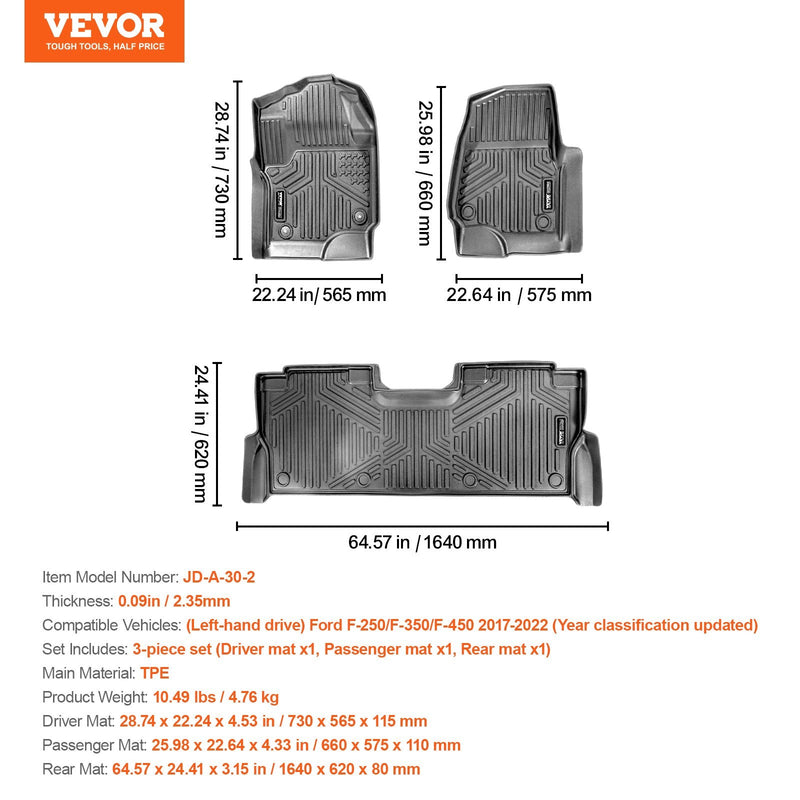 VEVOR automašīnas grīdas paklāji Ford F-250 / F-350 / F-450 (2017–2022), 3 gab., TPE