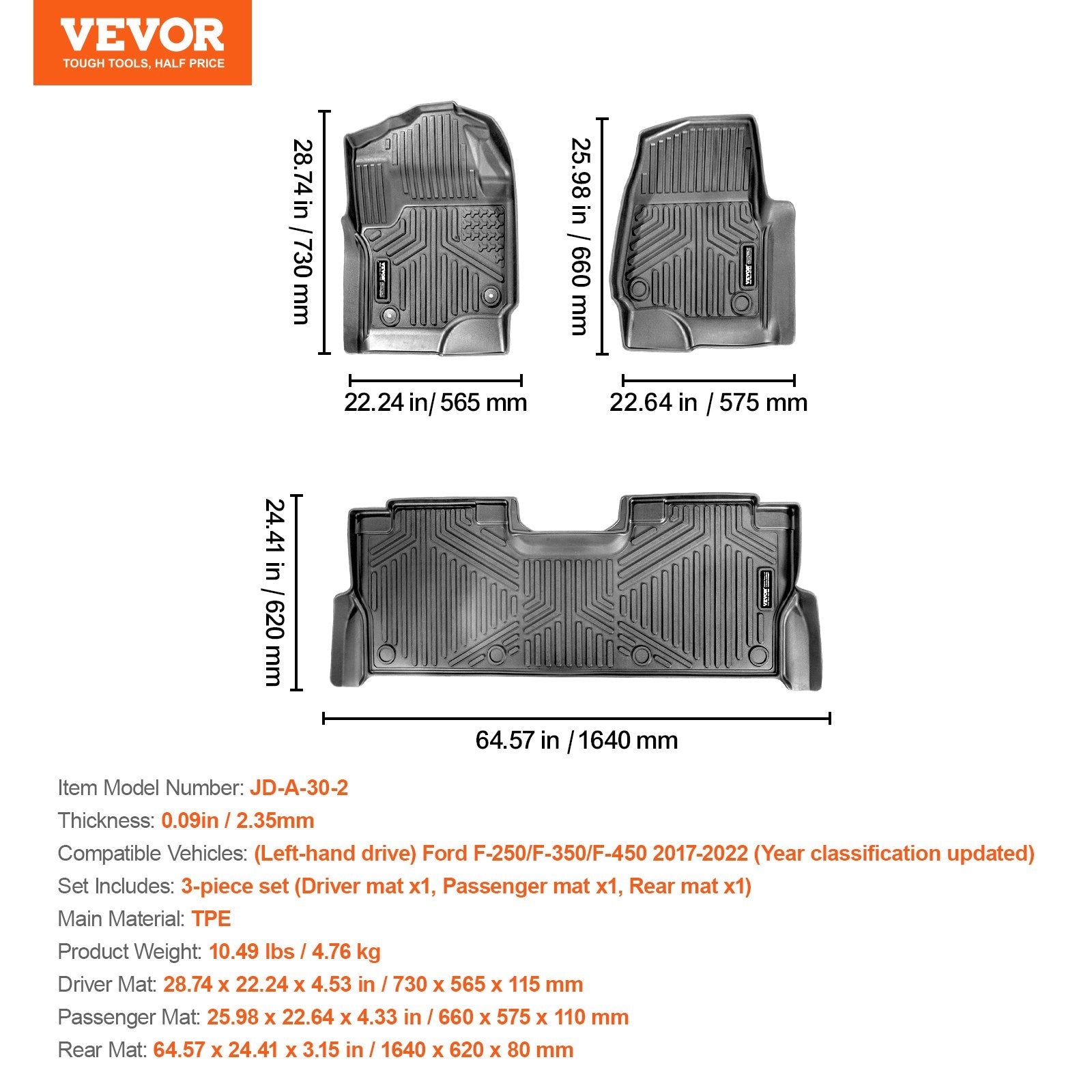 VEVOR automašīnas grīdas paklāji Ford F-250 / F-350 / F-450 (2017–2022), 3 gab., TPE