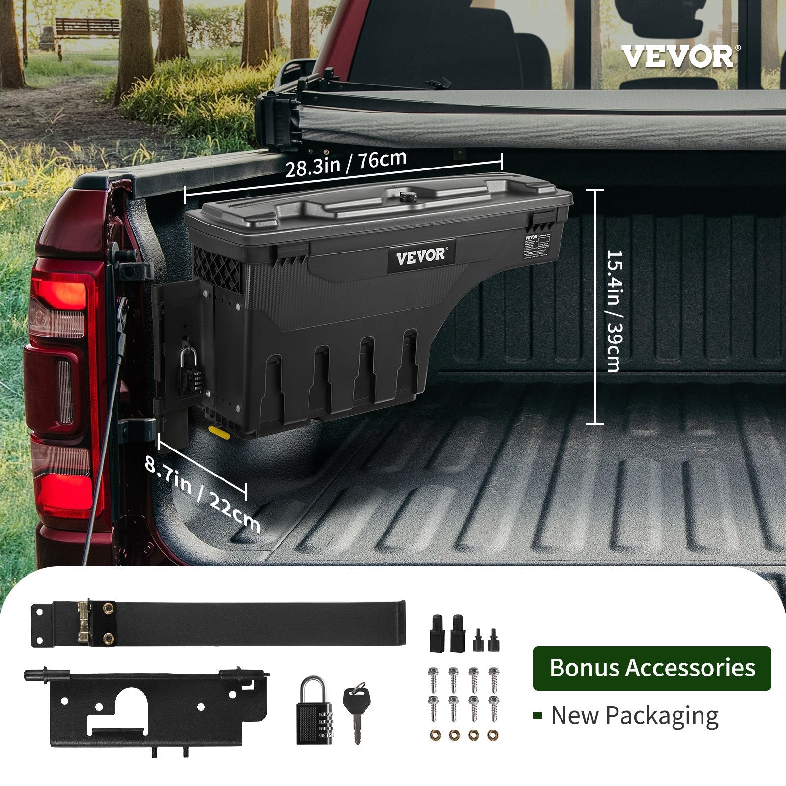 VEVOR kravas kastes uzglabāšanas kaste 20 L – ar slēdzamu vāku, ūdensizturīga, ABS ritenim pielāgota instrumentu kaste ar ciparu atslēgu, piemērota Dodge Ram 1500 (2019–2021), vadītāja puse, melna