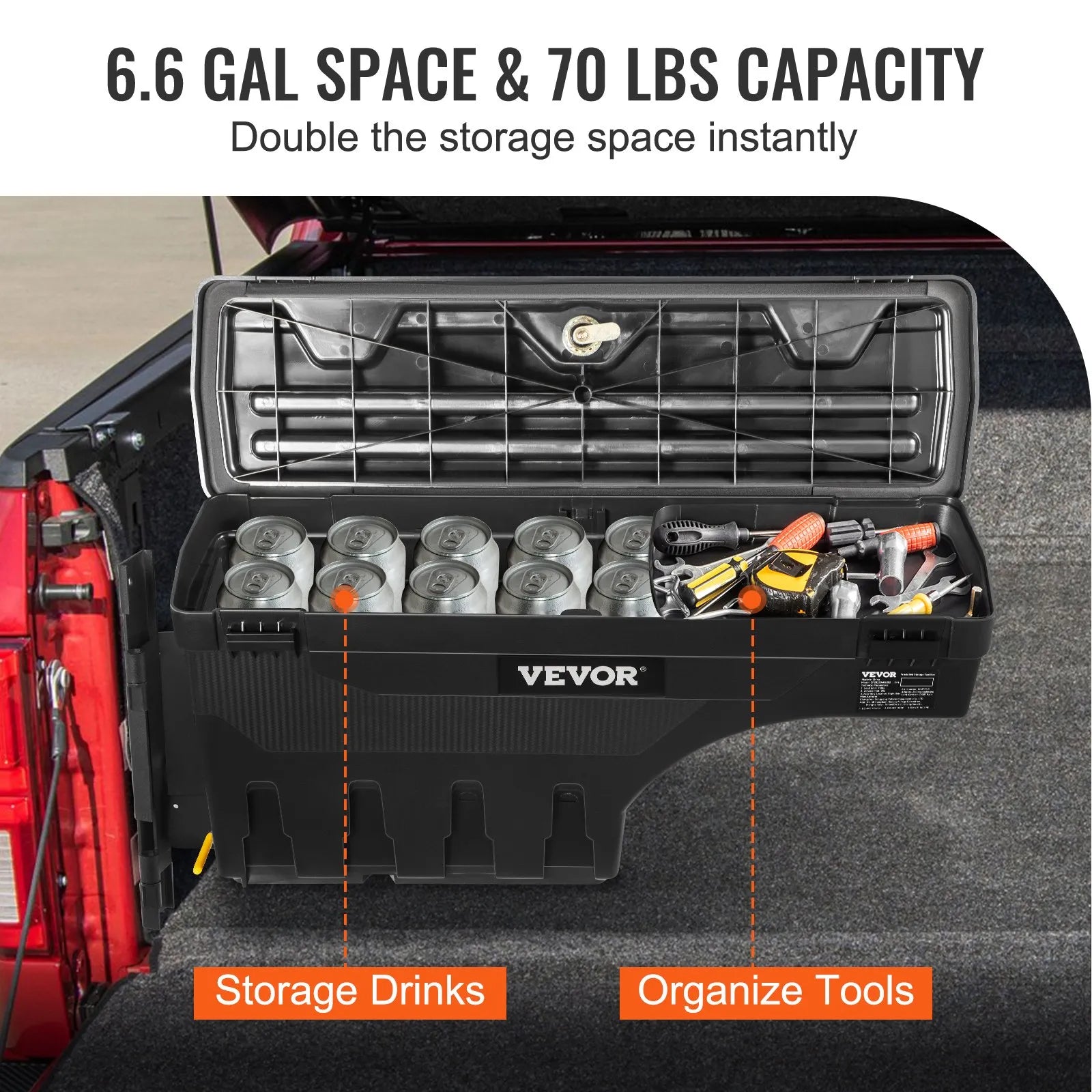 VEVOR kravas automašīnas riteņu arkas instrumentu kaste, 20 l, ar slēdzamu ūdensizturīgu ABS vāku, piemērota Chevrolet Silverado 1500 un GMC Sierra 1500 (2019–2020), vadītāja puse, melna