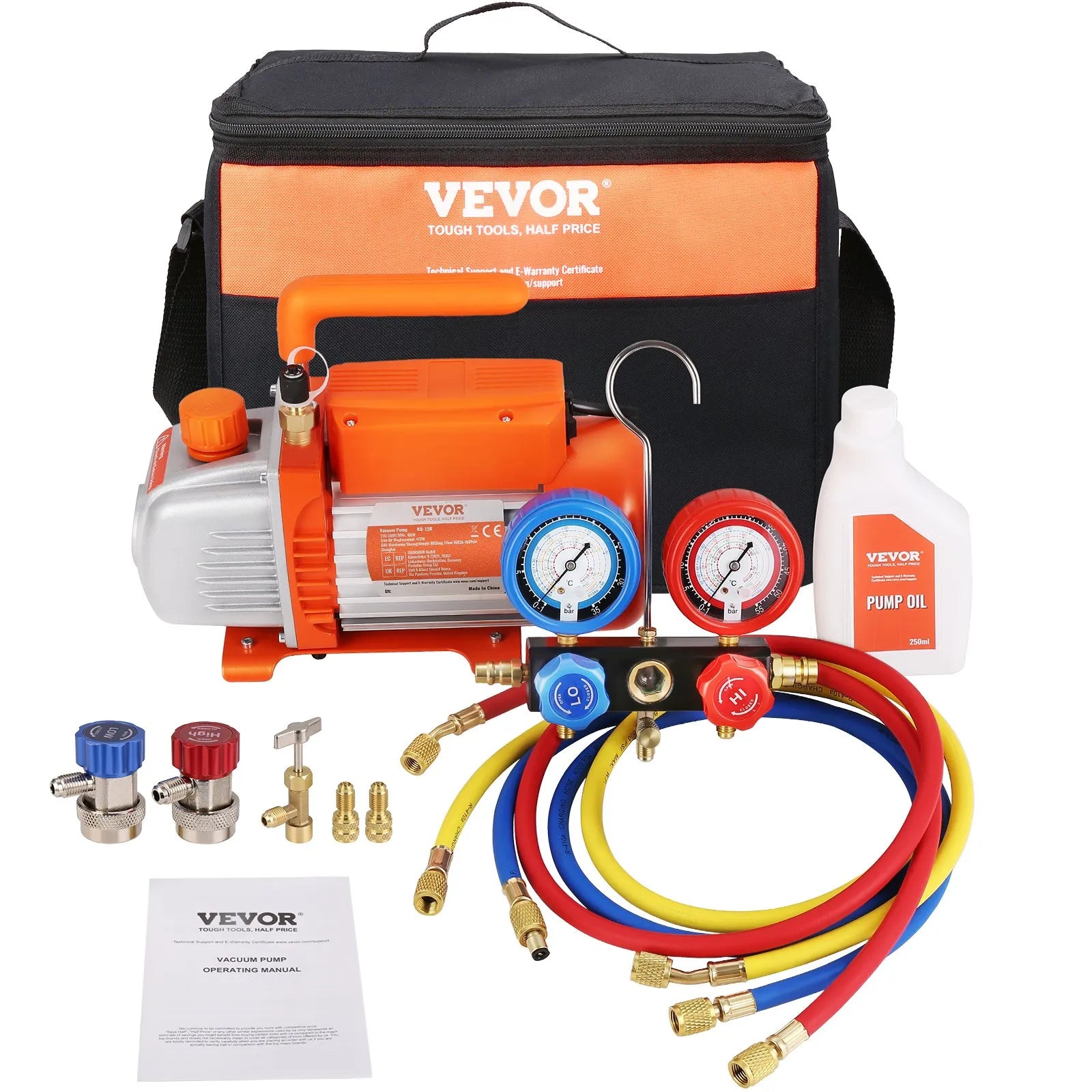 VEVOR vienpakāpes HVAC vakuuma sūknis ar manometru komplektu 267 l/min (4,5 CFM), 186 W (1/4 ZS), rotācijas lāpstiņu konstrukcija, ar trīs krāsu šļūtenēm un somu, piemērots R134a un R410A