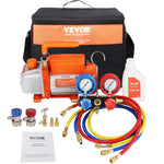 VEVOR vienpakāpes HVAC vakuuma sūknis ar manometru komplektu 267 l/min (4,5 CFM), 186 W (1/4 ZS), rotācijas lāpstiņu konstrukcija, ar trīs krāsu šļūtenēm un somu, piemērots R134a un R410A