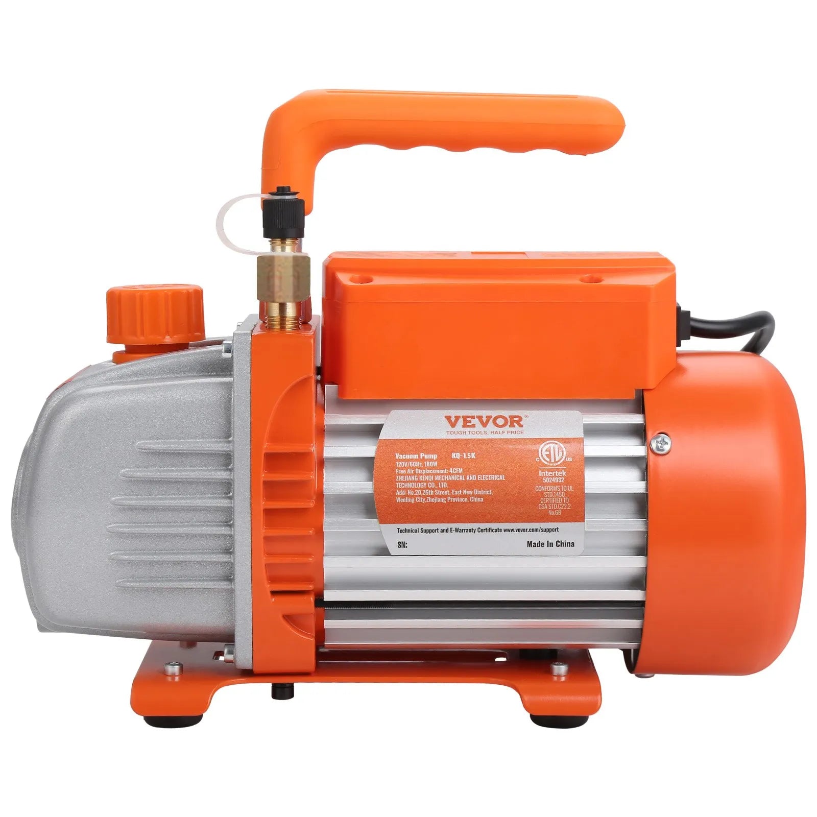 VEVOR vienpakāpes HVAC vakuuma sūknis ar manometru komplektu 267 l/min (4,5 CFM), 186 W (1/4 ZS), rotācijas lāpstiņu konstrukcija, ar trīs krāsu šļūtenēm un somu, piemērots R134a un R410A