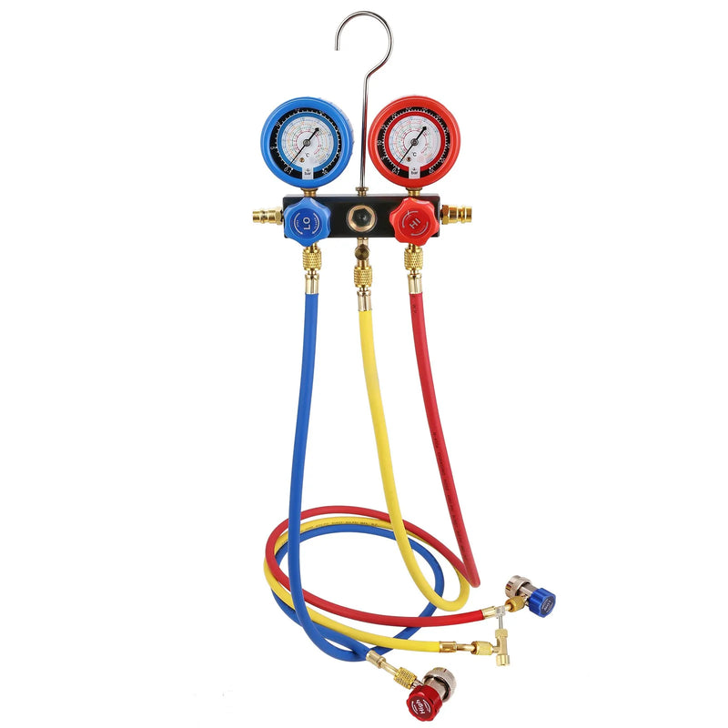 VEVOR vienpakāpes HVAC vakuuma sūknis ar manometru komplektu 267 l/min (4,5 CFM), 186 W (1/4 ZS), rotācijas lāpstiņu konstrukcija, ar trīs krāsu šļūtenēm un somu, piemērots R134a un R410A