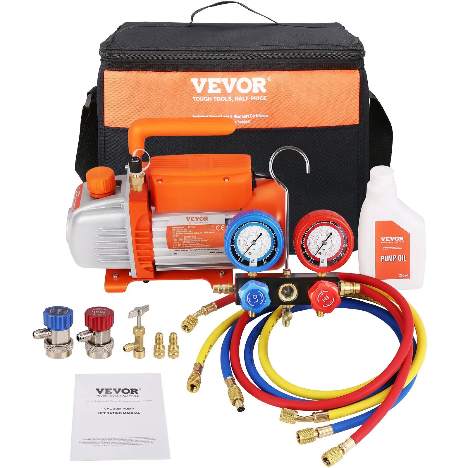 VEVOR vienpakāpes HVAC vakuuma sūknis ar manometru komplektu 267 l/min (4,5 CFM), 186 W (1/4 ZS), rotācijas lāpstiņu konstrukcija, ar trīs krāsu šļūtenēm un somu, piemērots R134a un R410A