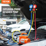 VEVOR vienpakāpes HVAC vakuuma sūknis ar manometru komplektu 267 l/min (4,5 CFM), 186 W (1/4 ZS), rotācijas lāpstiņu konstrukcija, ar trīs krāsu šļūtenēm un somu, piemērots R134a un R410A
