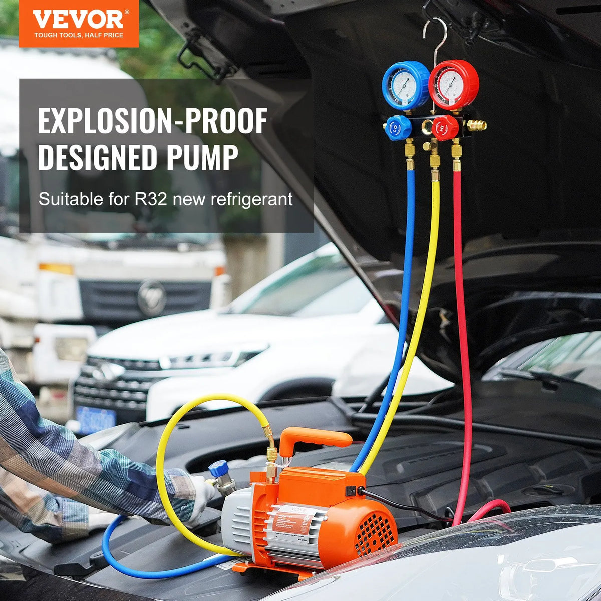 VEVOR vienpakāpes HVAC vakuuma sūknis ar manometru komplektu 267 l/min (4,5 CFM), 186 W (1/4 ZS), rotācijas lāpstiņu konstrukcija, ar trīs krāsu šļūtenēm un somu, piemērots R134a un R410A