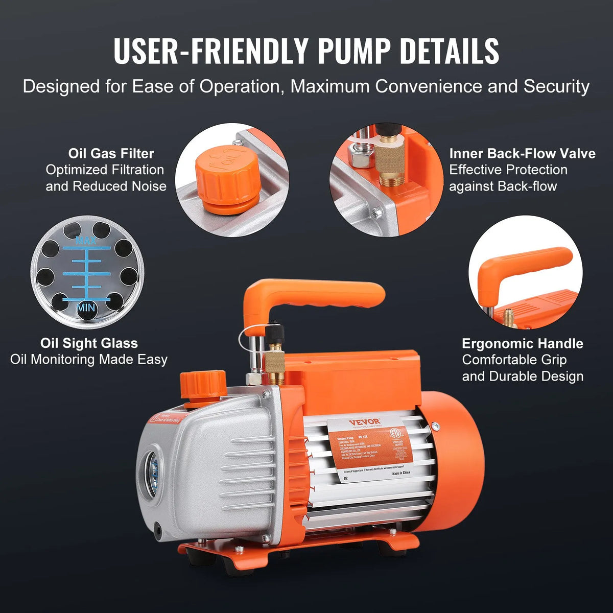 VEVOR vienpakāpes HVAC vakuuma sūknis ar manometru komplektu 267 l/min (4,5 CFM), 186 W (1/4 ZS), rotācijas lāpstiņu konstrukcija, ar trīs krāsu šļūtenēm un somu, piemērots R134a un R410A