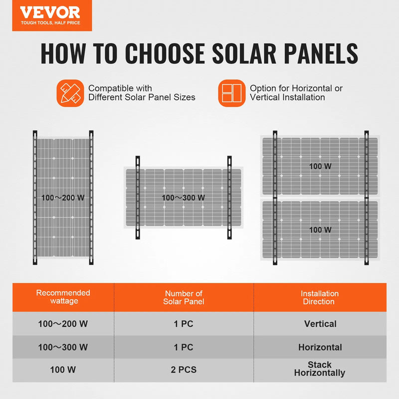 VEVOR 104 cm saules paneļu montāžas kronšteini, regulējams slīpums 0–90°, paredzēti 100–300 W paneļiem, viegli alumīnija kronšteini ar salokāmām balsta kājām jumtam, kemperim, laivai un autonomām sistēmām