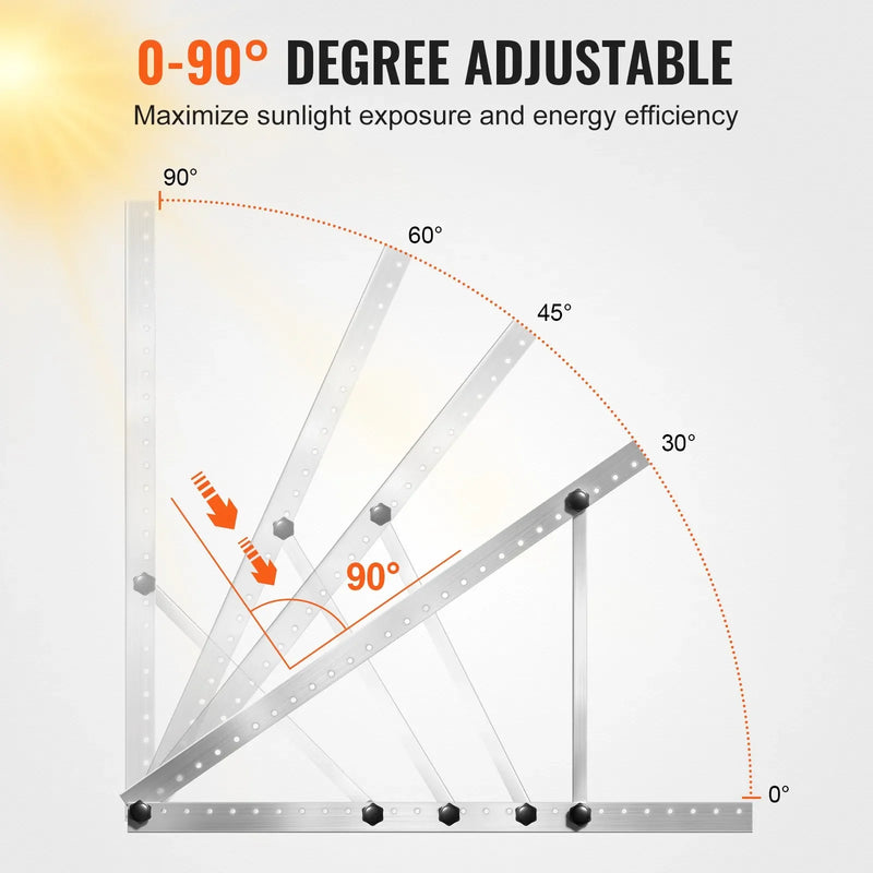 VEVOR 50 collu saules paneļu montāžas kronšteini ar regulējamu slīpumu 0–90°, piemēroti 100–550 W saules paneļiem, viegli alumīnija kronšteini ar salokāmām slīpuma kājām kemperiem, jumtiem, laivām un autonomām sistēmām