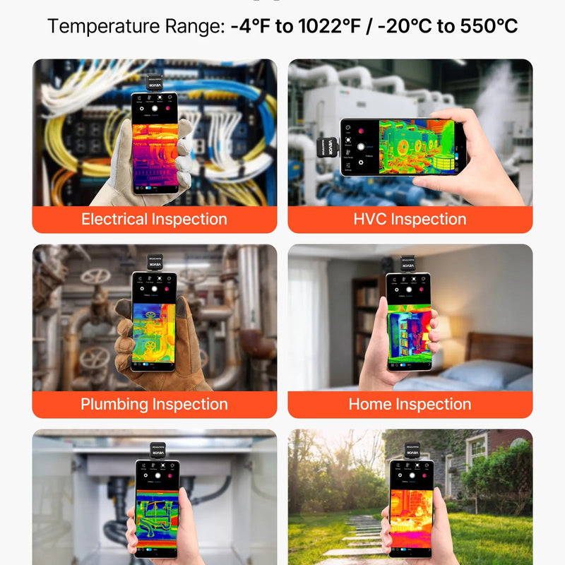 VEVOR termokamera Android ierīcēm, 320 × 240 TISR super izšķirtspēja, 25 Hz atsvaidzes ātrums, 160 × 120 IR izšķirtspēja, temperatūras diapazons -20 °C līdz 550 °C, 15 krāsu paletes
