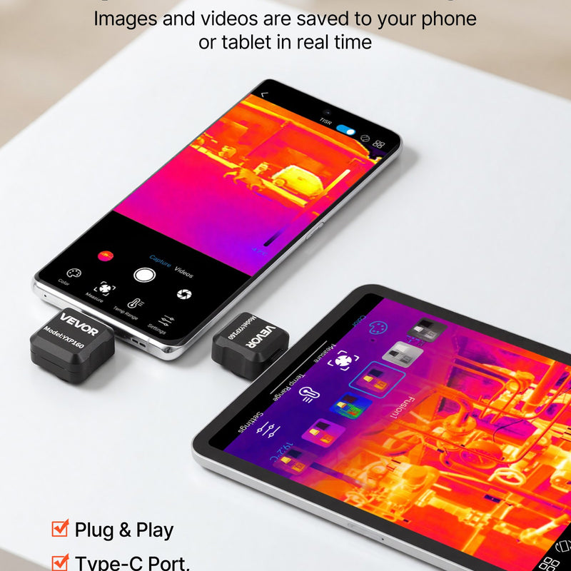 VEVOR termokamera Android ierīcēm, 320 × 240 TISR super izšķirtspēja, 25 Hz atsvaidzes ātrums, 160 × 120 IR izšķirtspēja, temperatūras diapazons -20 °C līdz 550 °C, 15 krāsu paletes