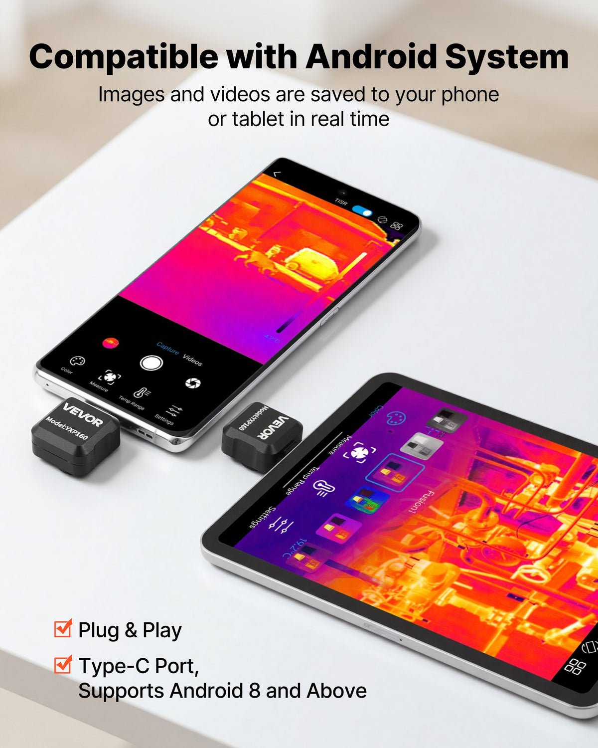 VEVOR termokamera Android ierīcēm, 320 × 240 TISR super izšķirtspēja, 25 Hz atsvaidzes ātrums, 160 × 120 IR izšķirtspēja, temperatūras diapazons -20 °C līdz 550 °C, 15 krāsu paletes