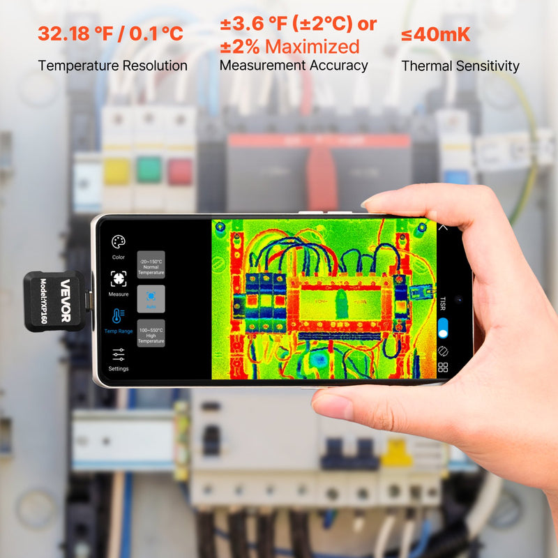 VEVOR termokamera Android ierīcēm, 320 × 240 TISR super izšķirtspēja, 25 Hz atsvaidzes ātrums, 160 × 120 IR izšķirtspēja, temperatūras diapazons -20 °C līdz 550 °C, 15 krāsu paletes