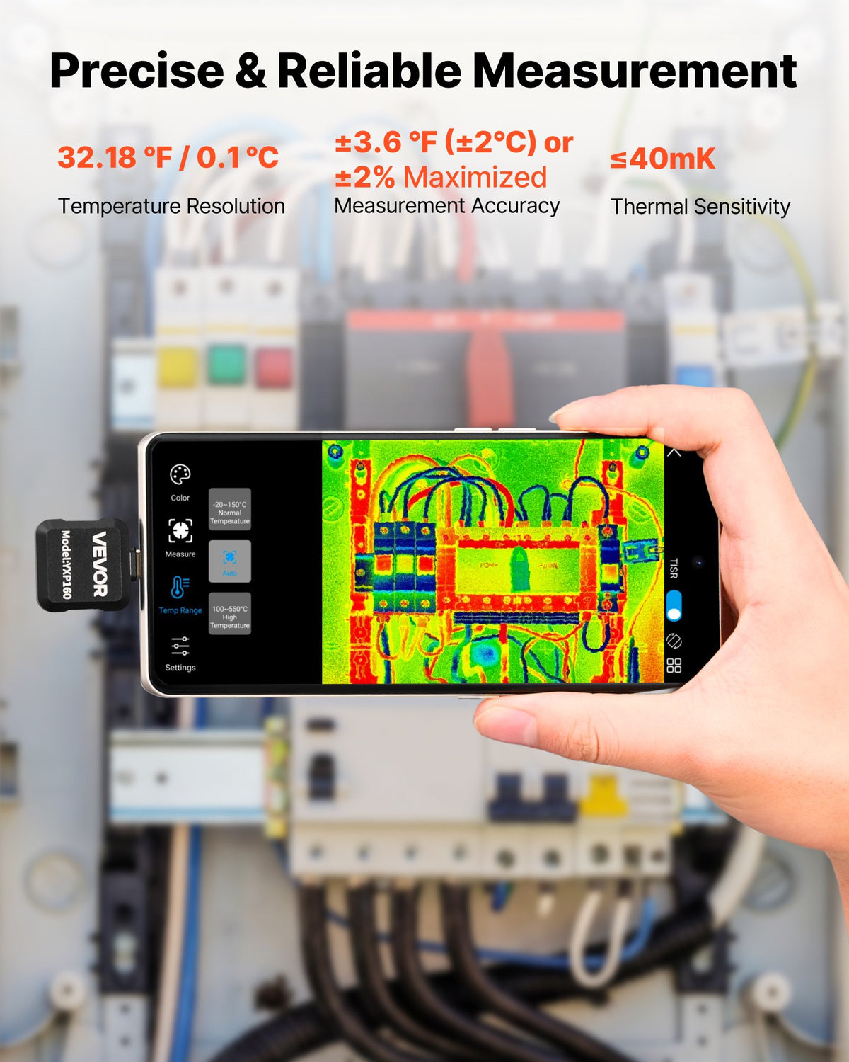 VEVOR termokamera Android ierīcēm, 320 × 240 TISR super izšķirtspēja, 25 Hz atsvaidzes ātrums, 160 × 120 IR izšķirtspēja, temperatūras diapazons -20 °C līdz 550 °C, 15 krāsu paletes