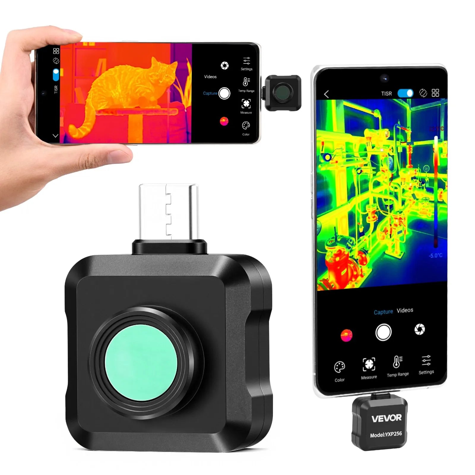 VEVOR termokamera Android ierīcēm, 512 × 384 TISR super izšķirtspēja, 25 Hz atsvaidzes ātrums, 256 × 192 IR izšķirtspēja, temperatūras diapazons -20 °C līdz 550 °C, 15 krāsu paletes