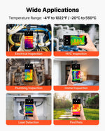 VEVOR termokamera Android ierīcēm, 512 × 384 TISR super izšķirtspēja, 25 Hz atsvaidzes ātrums, 256 × 192 IR izšķirtspēja, temperatūras diapazons -20 °C līdz 550 °C, 15 krāsu paletes