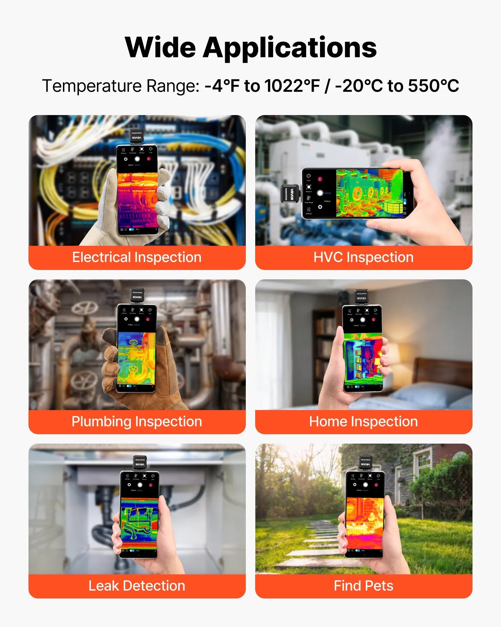 VEVOR termokamera Android ierīcēm, 512 × 384 TISR super izšķirtspēja, 25 Hz atsvaidzes ātrums, 256 × 192 IR izšķirtspēja, temperatūras diapazons -20 °C līdz 550 °C, 15 krāsu paletes